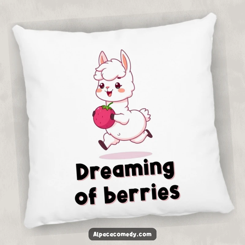 Funny pillow: A cozy cushion showcasing a happy alpaca character skipping with a large, sweet berry, perfect for a touch of humor.