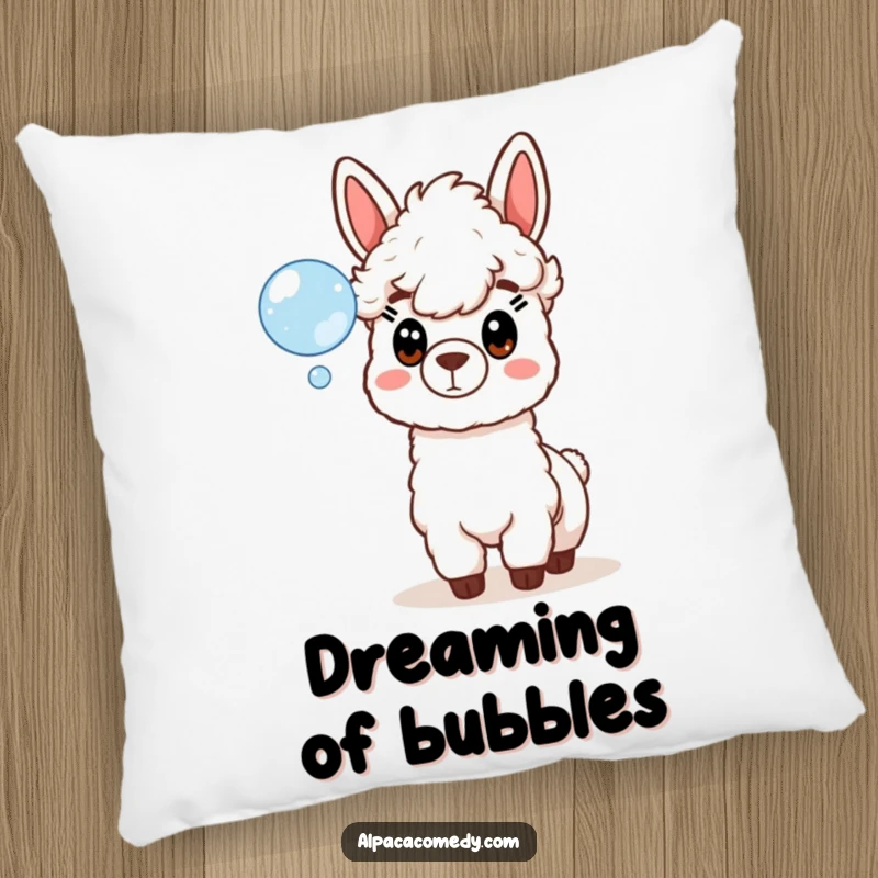 Funny throw pillow showcasing a comically surprised alpaca rendered speechless by the magic of a floating soap bubble, perfect for lounging.