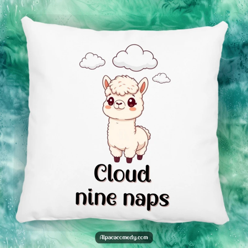 Funny Alpaca Pillow: A plush alpaca with a funny, curious expression, gazing up at fluffy clouds.