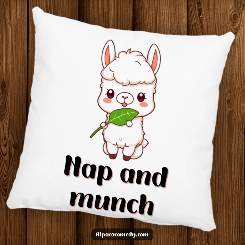 Funny Alpaca Pillow: A plush alpaca with a funny, content expression, peacefully enjoying a tasty leaf.