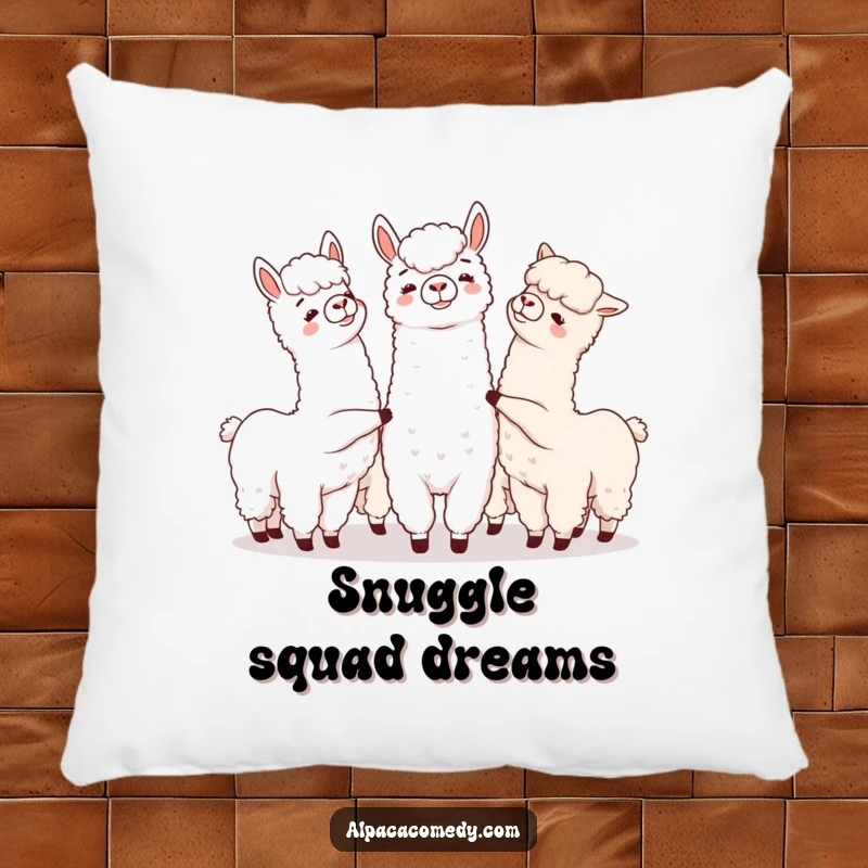 Funny throw pillow featuring a group of alpacas playfully nudging each other, perfect for a cozy and heartwarming home.