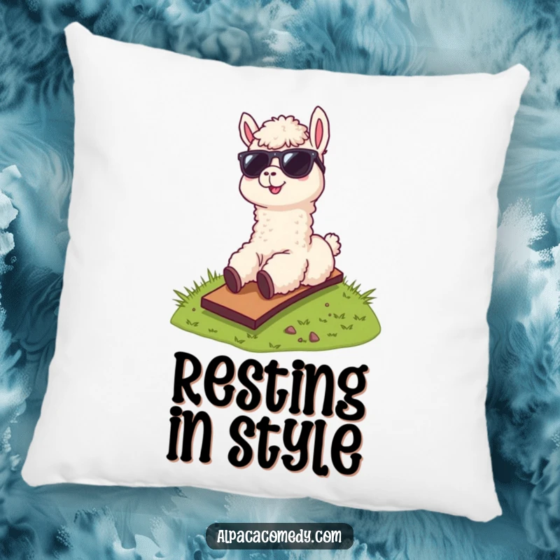 Funny throw pillow featuring a cool alpaca wearing sunglasses, hilariously sliding down a grassy hill, perfect for a chill and comfy space.