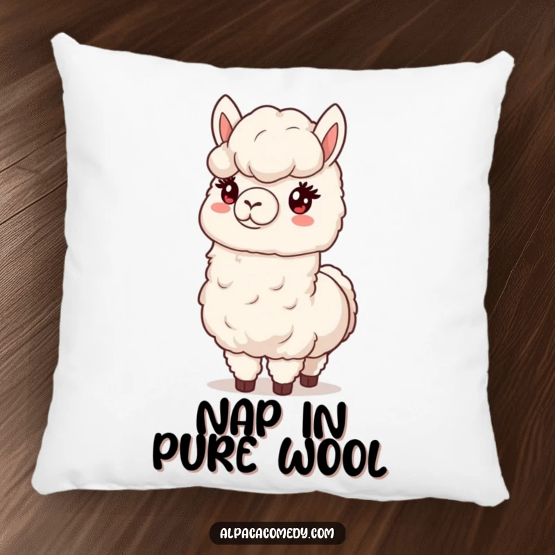 Funny throw pillow featuring a gentle alpaca presenting a large, soft ball of its fluffy wool, perfect for relaxation.