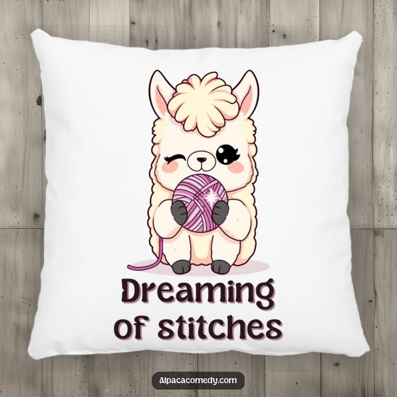 Funny pillow: A cozy cushion adorned with a winking alpaca character clutching a miniature, sparkling yarn ball, adding humor.