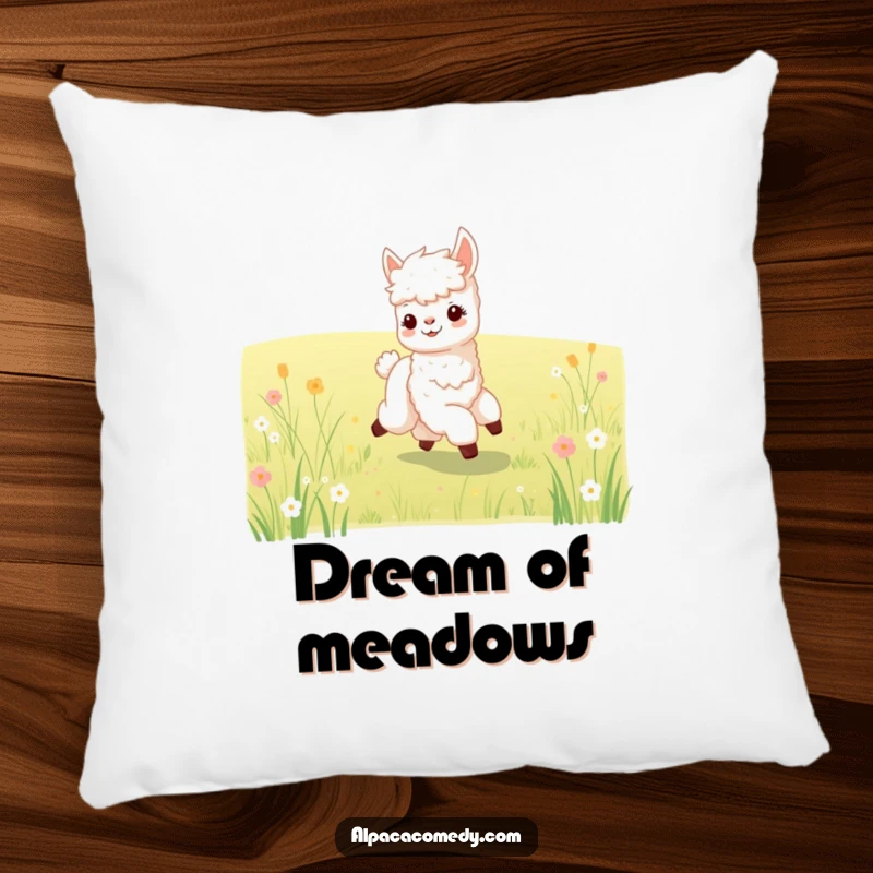 Funny pillow with a happy baby alpaca prancing through a meadow, offering soft comfort and cute, humorous appeal.