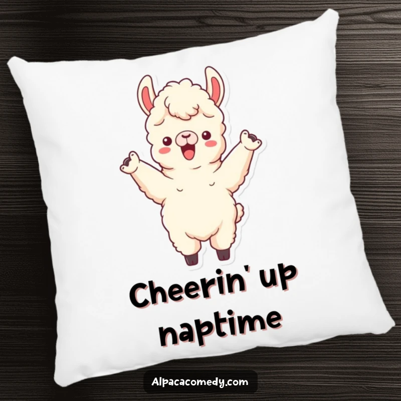 Funny pillow with an alpaca character cheering with both front legs raised, perfect for adding a festive and encouraging touch.