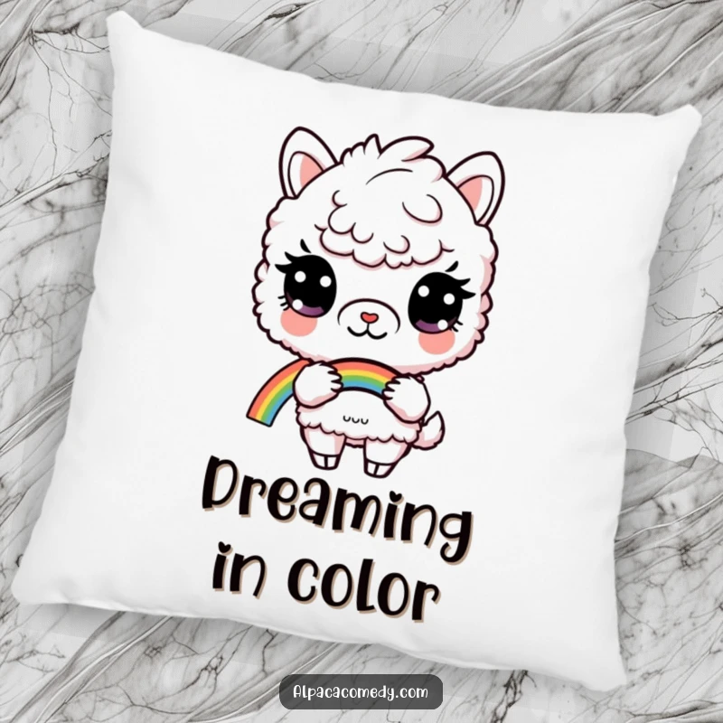 Funny pillow with a curious alpaca holding a vibrant rainbow, offering soft comfort and a touch of magical humor.