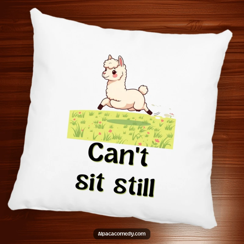 Funny pillow featuring an energetic alpaca galloping with impressive speed, offering a blend of comfort and dynamic visual appeal.