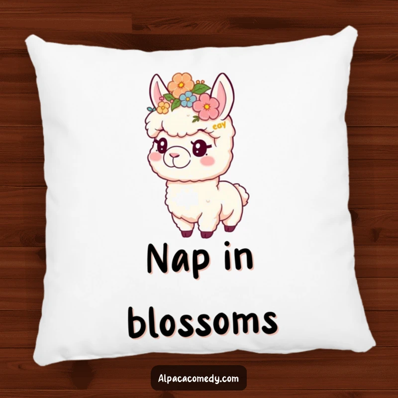 Funny pillow featuring a playful alpaca wearing a flower crown, offering soft comfort and cute, floral-themed humor.