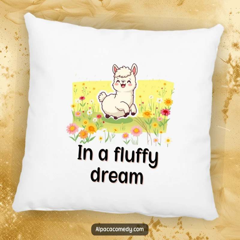 Funny pillow featuring a joyful alpaca delightedly rolling in a vibrant field of wildflowers, emphasizing comfort and pure, happy vibes.