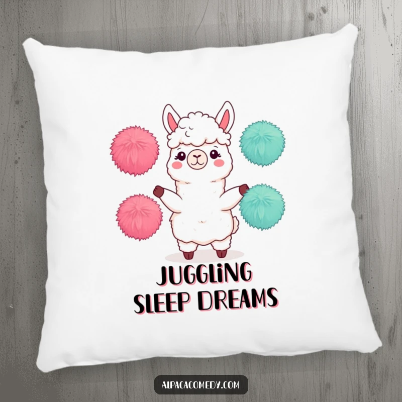 Funny pillow showcasing an alpaca character skillfully juggling three soft, fuzzy pom-poms, a perfect blend of comfort and amusement.
