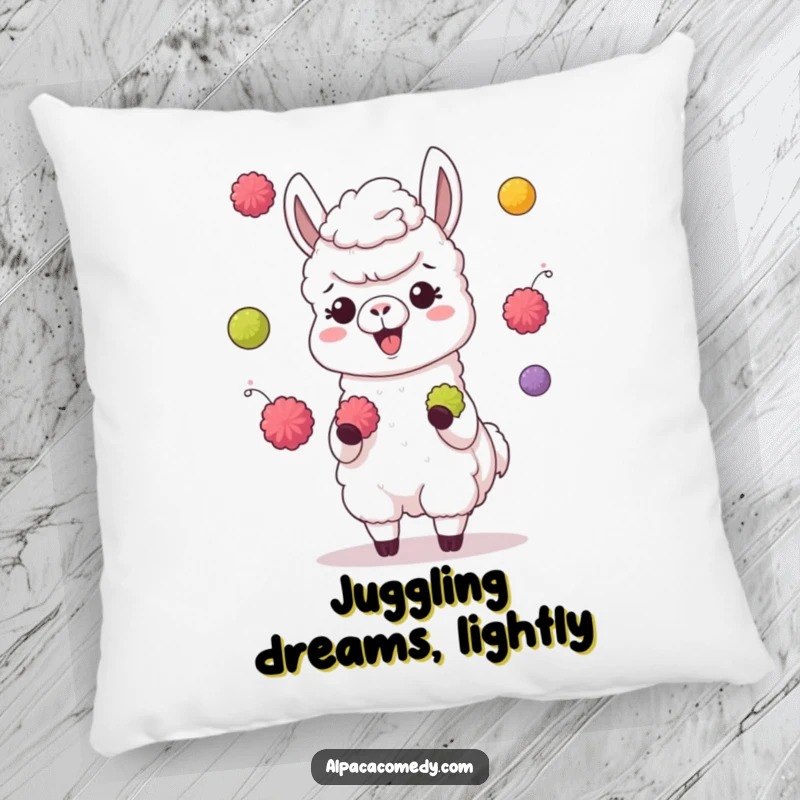 Funny pillow featuring a giggling alpaca character juggling colorful pompoms with its hooves, adding comfort and playful charm.