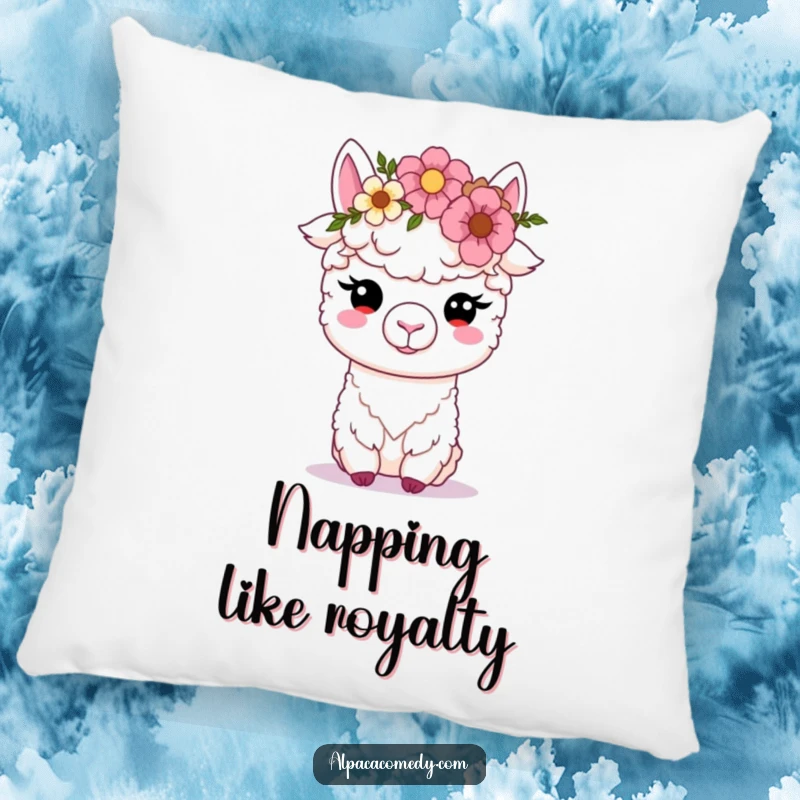 Funny Kawaii alpaca pillow, featuring a serene alpaca wearing a flower crown, soft eyes gazing peacefully, designed for ultimate comfort.