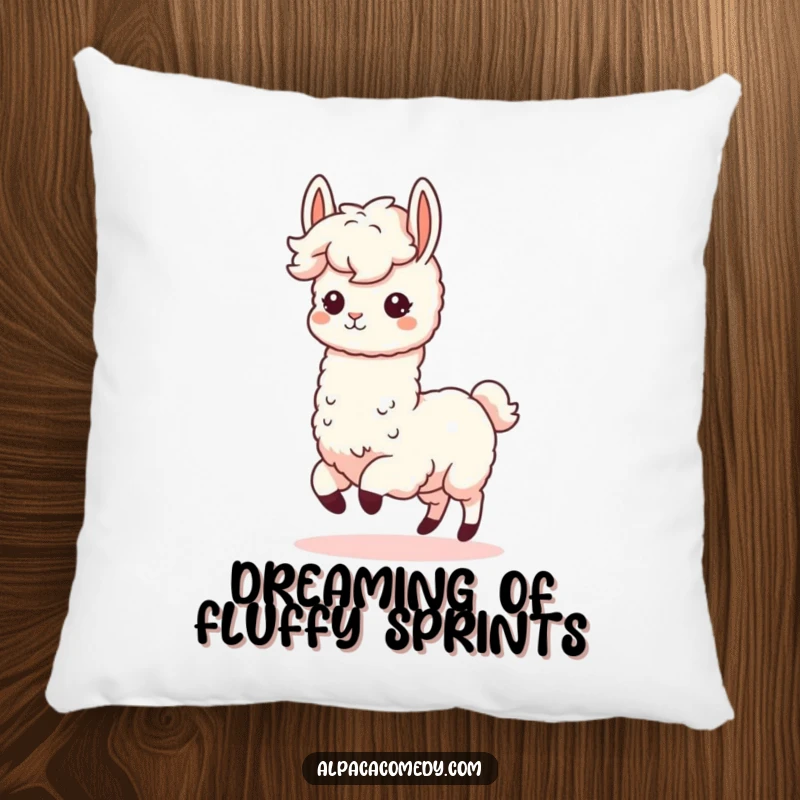 Funny Kawaii Alpaca Pillow featuring a fluffy-maned alpaca in a joyful prance, offering a soft, humorous touch to any decor.