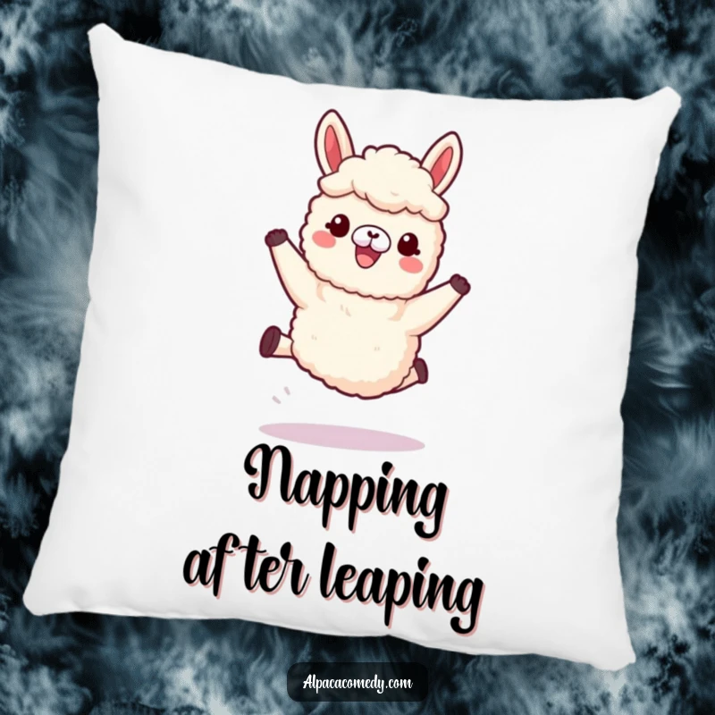 Funny Kawaii Alpaca Pillow featuring an alpaca joyfully leaping with soft, woolly legs, designed for cozy comfort and humor.