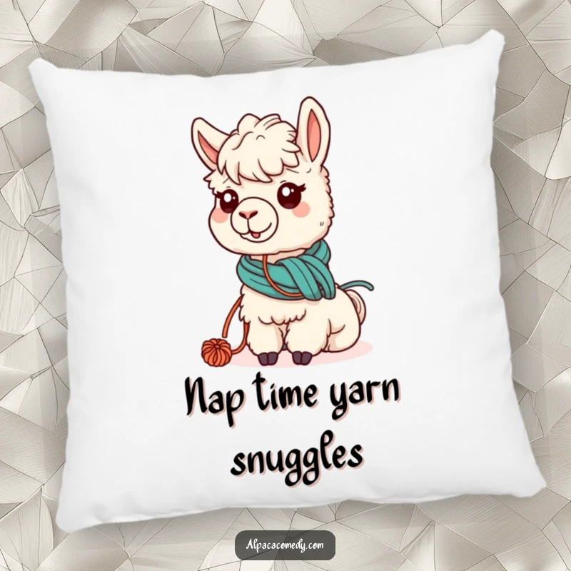 Funny throw pillow featuring a kawaii alpaca humorously tangled in yarn while grazing, perfect for a cozy and cute home.