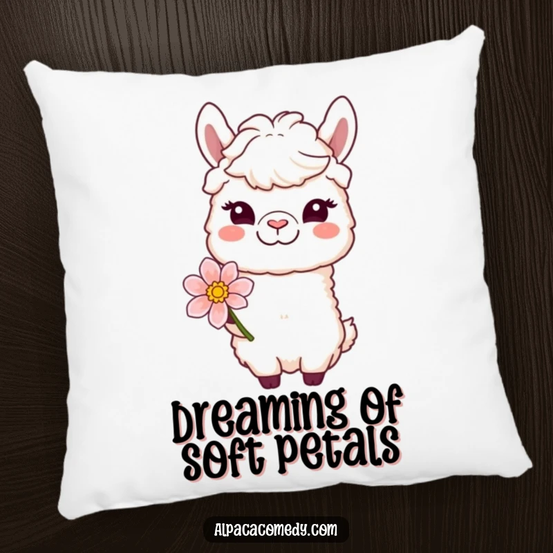 Funny pillow featuring a winking alpaca character offering a bloom with a gentle smile, adding comfort and sweet charm.