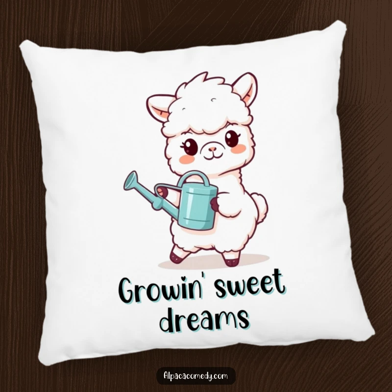 Funny pillow with a grinning alpaca character carrying a tiny watering can, perfect for adding a touch of nurturing charm.