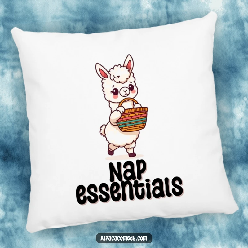Funny pillow featuring a huggable alpaca character carrying a delightful and vibrant woven basket, perfect for adding a cozy touch.