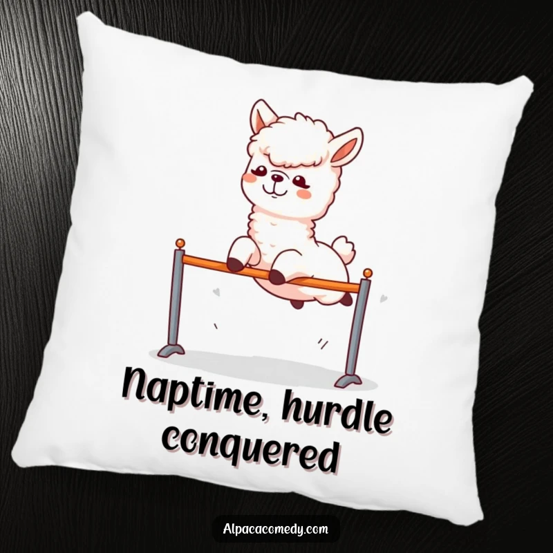 Funny Alpaca Pillow: A plush alpaca captured in a funny, excited leap over a miniature hurdle, ready for adventure.