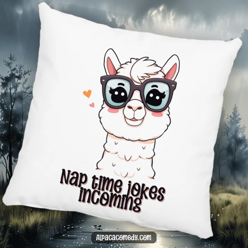 Funny Alpaca Pillow: An alpaca wearing comedy glasses winks playfully while telling a joke, offering cozy and humorous decor.