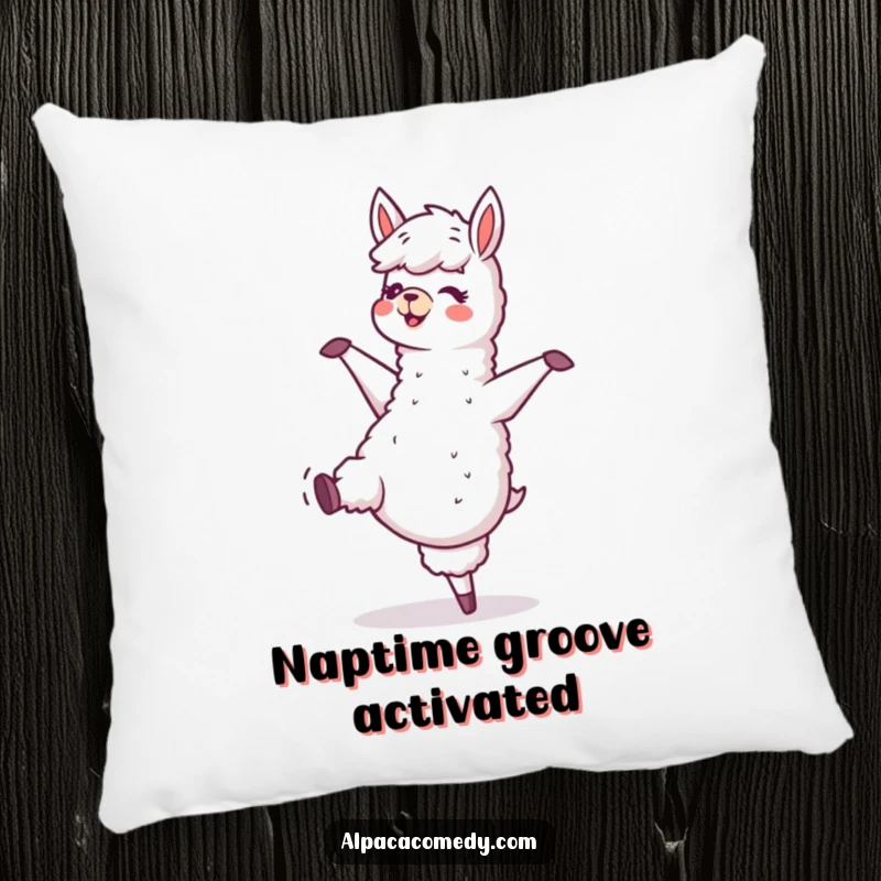 Funny pillow with a joyful alpaca character dancing enthusiastically, hooves tapping, adding a splash of fun and comfort to any seating area.