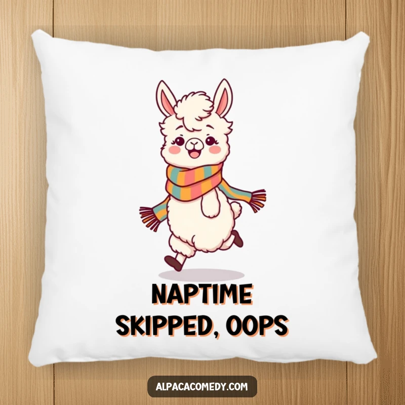 Funny pillow featuring a playful alpaca wearing a colorful scarf, skipping with infectious glee, perfect for adding comfort and charm.
