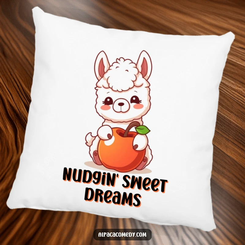 Funny pillow featuring an alpaca character playfully nudging a rolling apple, perfect for adding a touch of gentle curiosity to any space.