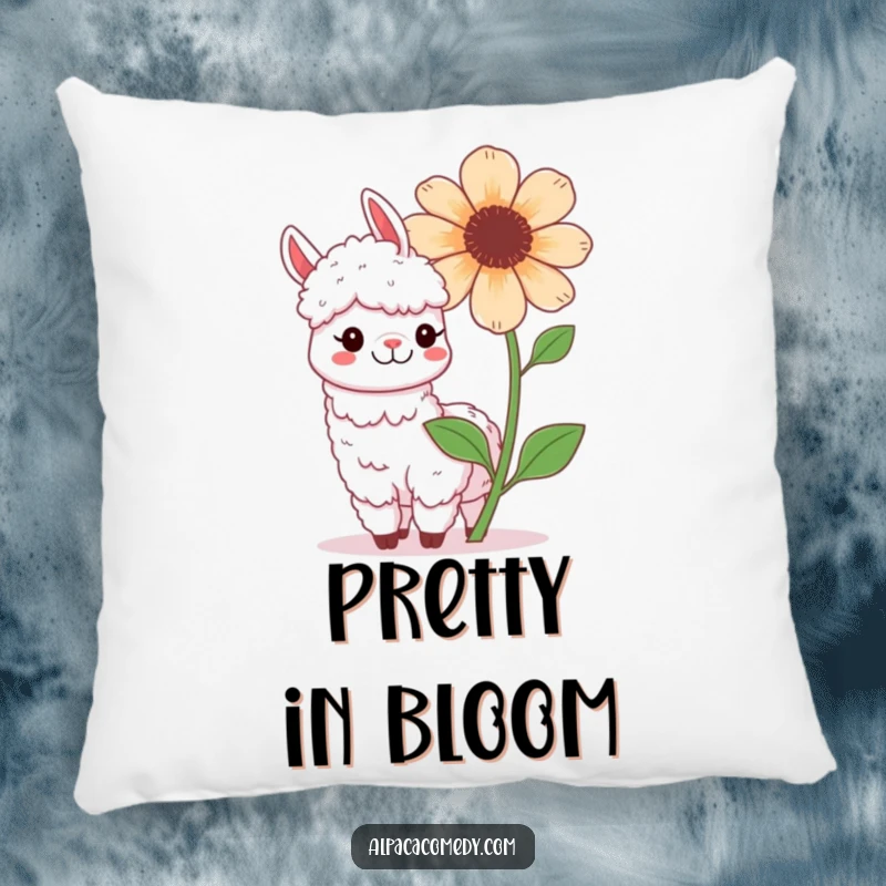 Funny Kawaii Alpaca Pillow, depicting a happy alpaca playfully posing with a large, blooming flower, with a wide grin.
