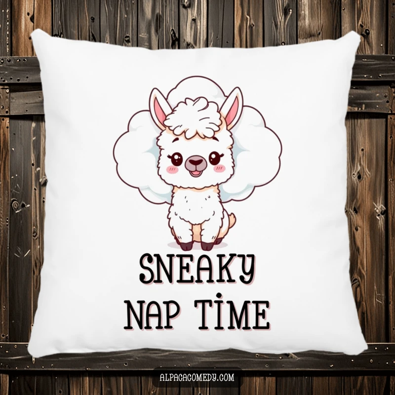 Funny Alpaca Pillow: A mischievous alpaca hides behind a fluffy cloud, peeking out with a playful expression, offering cozy comfort.