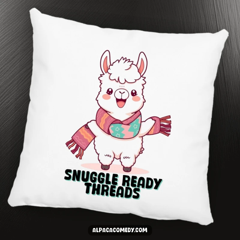 Funny Kawaii Alpaca Pillow, depicting a cheerful alpaca proudly showing off a colorful, woven scarf.