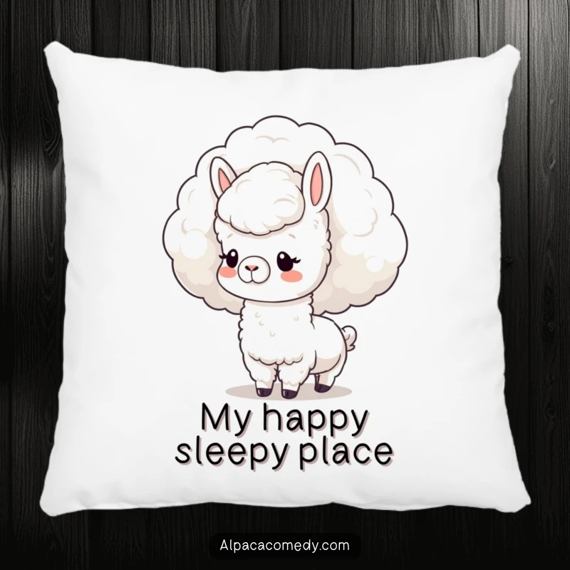 Funny Pillow: Cozy kawaii alpaca with a gentle expression, nuzzling a fluffy cloud, offering plush comfort and sweet dreams.
