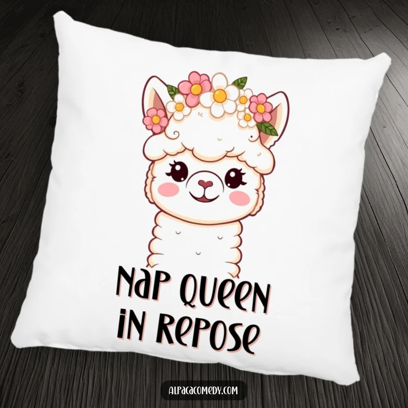 Funny Pillow: Cozy kawaii alpaca with soft eyes, wearing a lovely flower crown, offering plush comfort and sweet dreams.