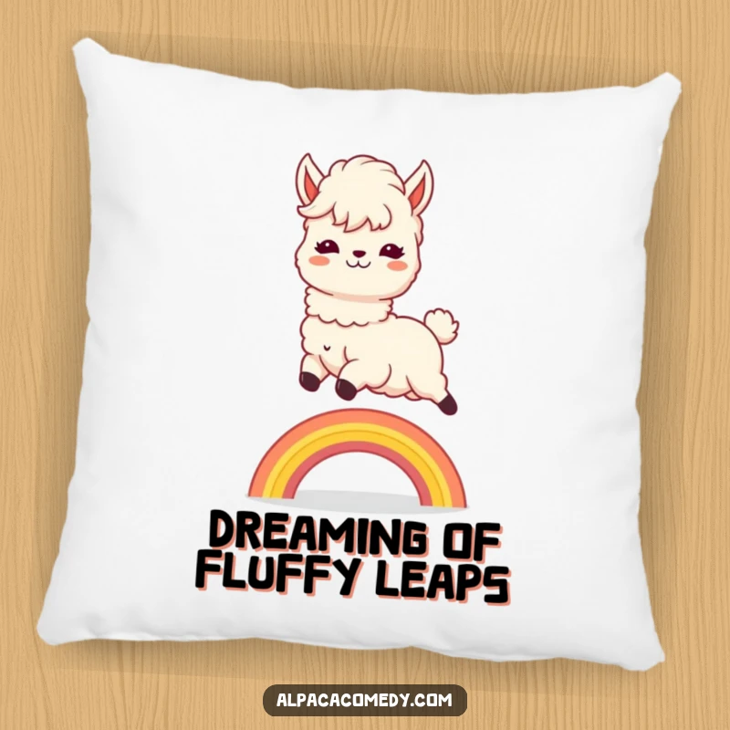 Funny Pillow: Cute kawaii alpaca with flowing mane, joyfully leaping over a rainbow, bringing soft comfort and happy vibes.