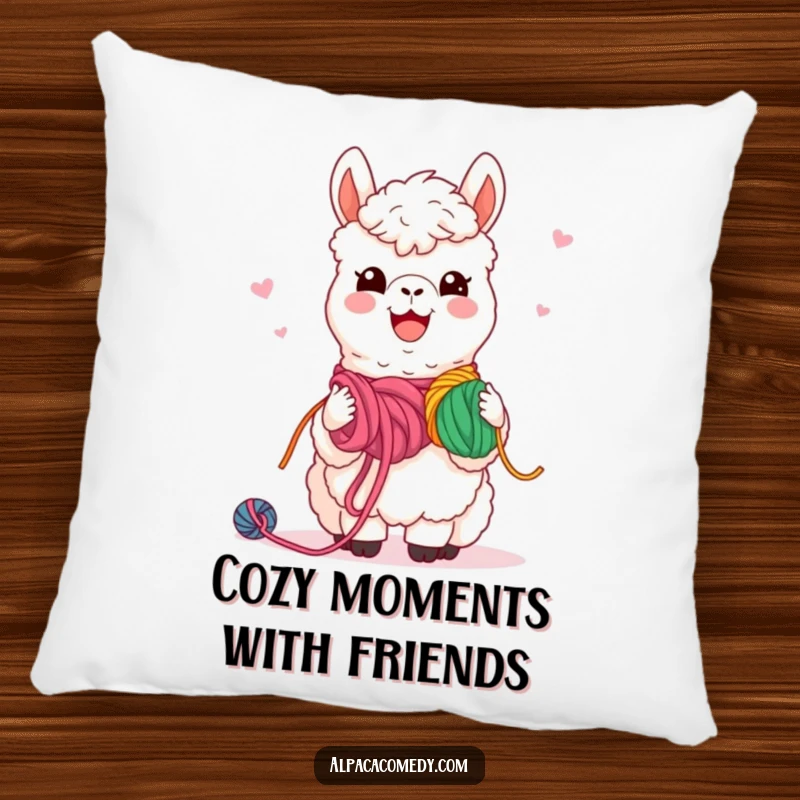 Funny Pillow: Cozy kawaii alpaca smiling, sharing colorful yarn, bringing plush comfort and the warmth of friendship.