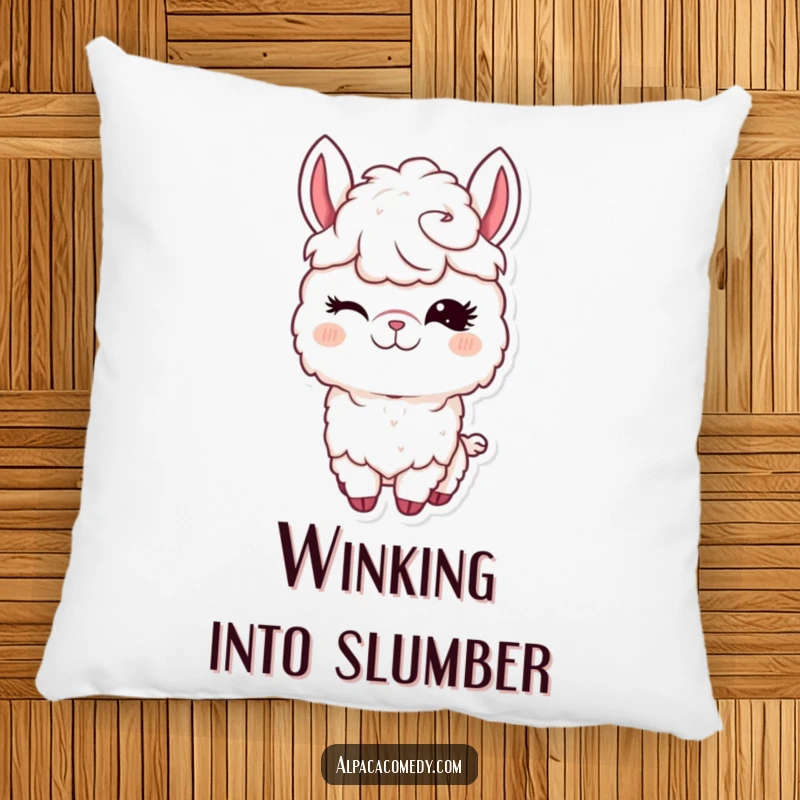 Funny Kawaii Alpaca Pillow featuring a cute alpaca winking with long eyelashes, designed for cozy comfort and humor.