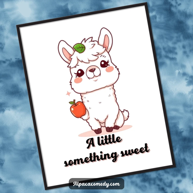 Funny Alpaca Digital Art Print: A happy alpaca offers a tiny apple with a kind expression, radiating warmth and generosity in art.