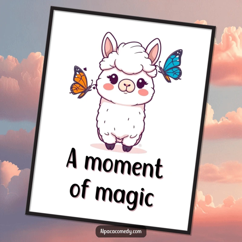 Funny Alpaca Digital Art Print: A whimsical alpaca with a funny, surprised expression encountering a fluttering butterfly.