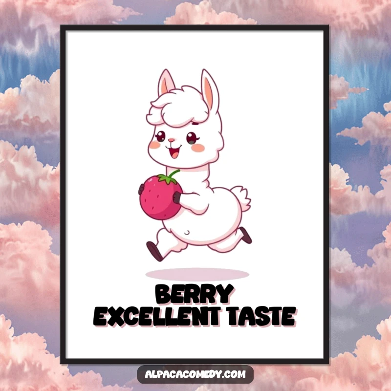 Funny digital art print: A happy alpaca character is shown skipping with a large, sweet berry, embodying pure playful delight.