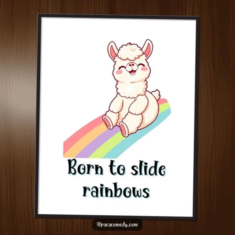 Funny Alpaca Digital Art: A giggling alpaca slides down a rainbow with excitement, bringing vibrant, humorous joy as instant decor.