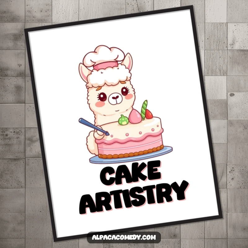 Funny digital art print of a chef alpaca in a hat, artfully decorating a pastel cake, ready to add charm to any wall.