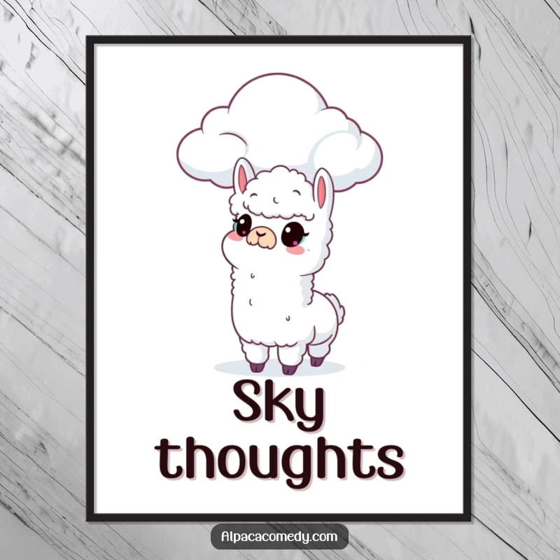 Funny digital art print of a curious alpaca looking at a fluffy cloud, perfect for adding a touch of imagination to walls.