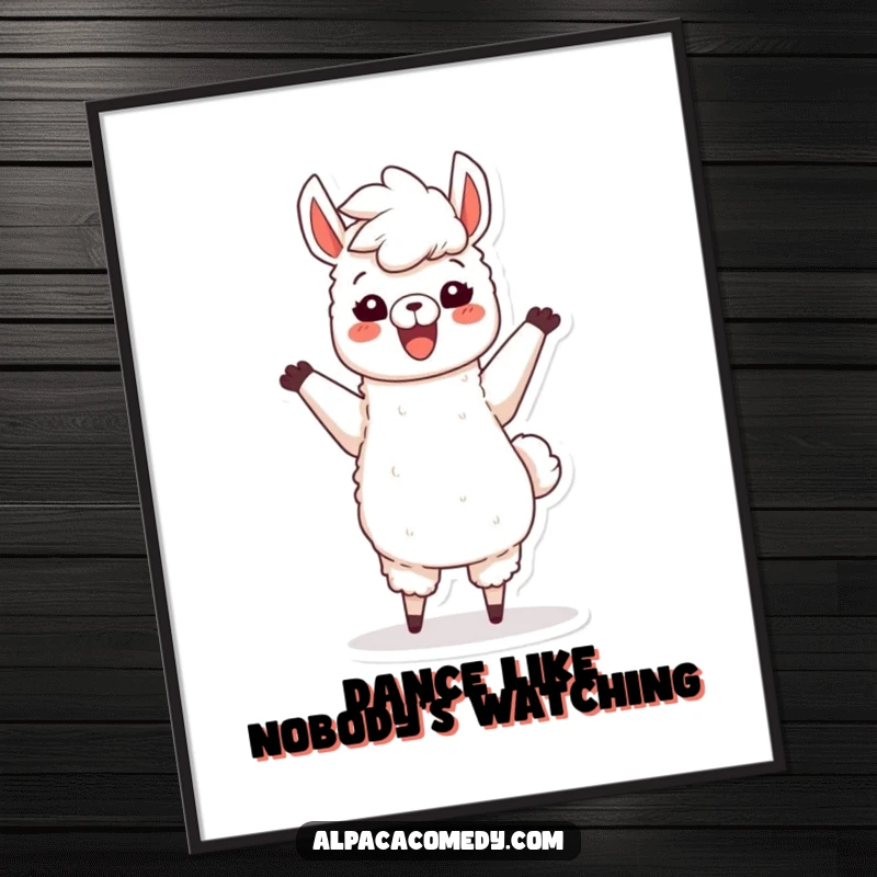 Funny digital art print of a happy alpaca character in mid-dance, fluffy mane flying, radiating pure, uninhibited joy and fun.