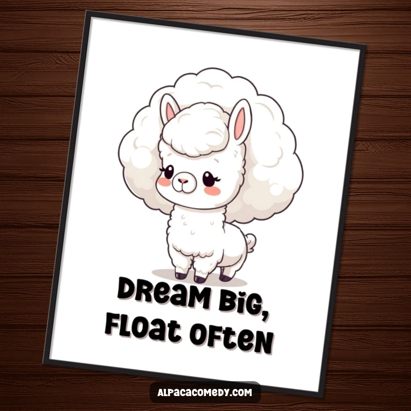 Funny Digital Art Print: High-resolution kawaii alpaca nuzzling a fluffy cloud, serene and beautifully imaginative.