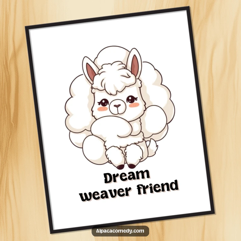 Funny Kawaii alpaca digital art print, curiously nuzzling a giant fluffy cloud, gentle expression evoking peace and whimsical charm.
