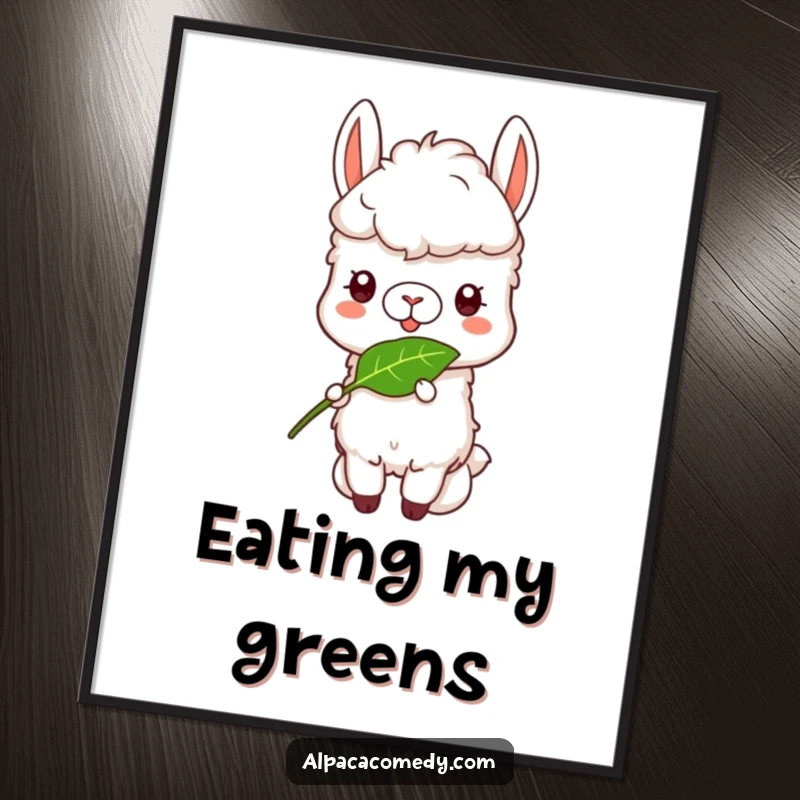 Funny Alpaca Digital Art Print: A peaceful alpaca character happily munching on a leaf, conveying funny contentment.