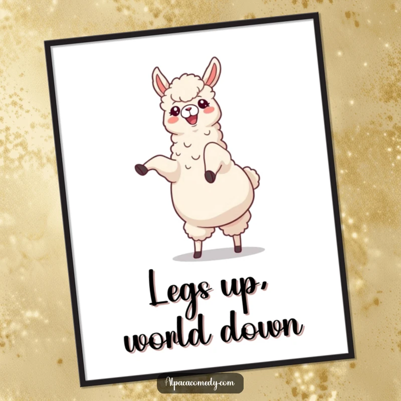 Funny Alpaca Digital Art: A cheerful alpaca doing a cartwheel with legs kicking joyfully upwards, perfect for instant humorous wall decor.