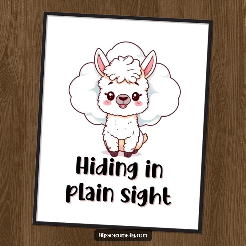 Funny Alpaca Digital Art Print: A mischievous alpaca hides behind a fluffy cloud, peeking out playfully, creating whimsical and humorous decor.