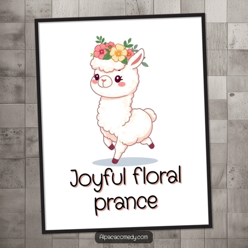 Funny digital art print of a fluffy alpaca wearing a flower crown, prancing with immense happiness, ideal for wall decor.
