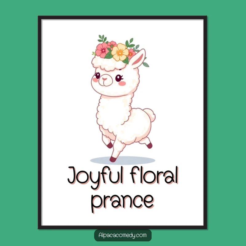 Funny Alpaca Flower Crown Digital Art, Joyful Prancing Alpaca Print Gift